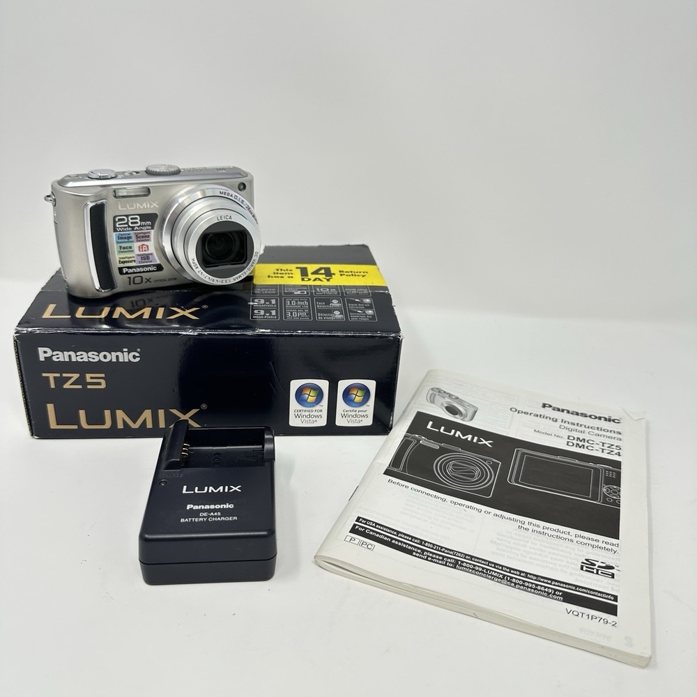 Panasonic LUMIX DMC-TZ5 Silver Digital Camera 9.1MP 10x Zoom Bundle - TESTED ✅